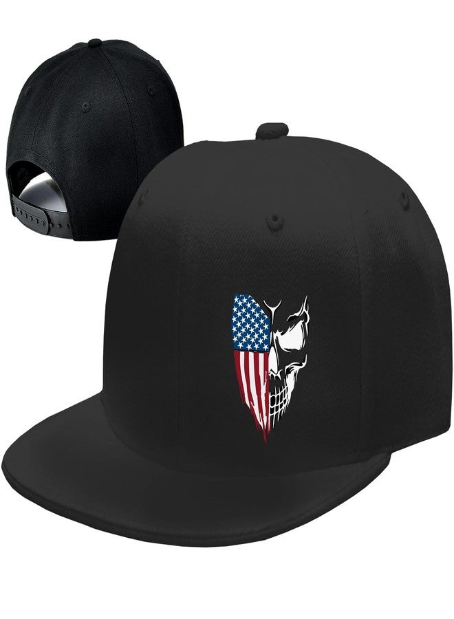 FACITE Skull American Flag Hat Snapback Hats for Men Flat Bill Hats for Men Fitted Black Baseball Cap Rock Hip Hop Cool Trucker hat for Mens Skeleton Flat Brim dad Gifts Skateboard Accessories - Image 1
